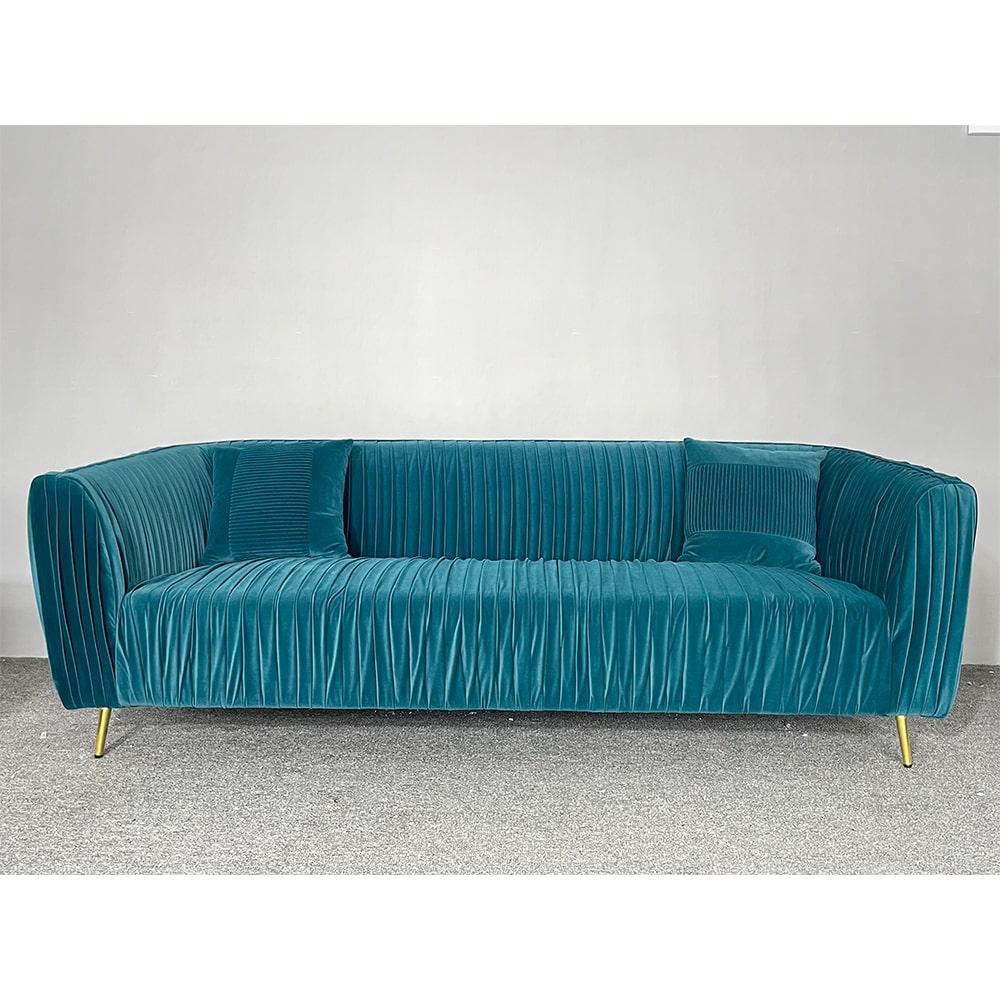 Cameo Blue Velvet Arm Sofa Retro Style 3Seater Sofa with Cushions