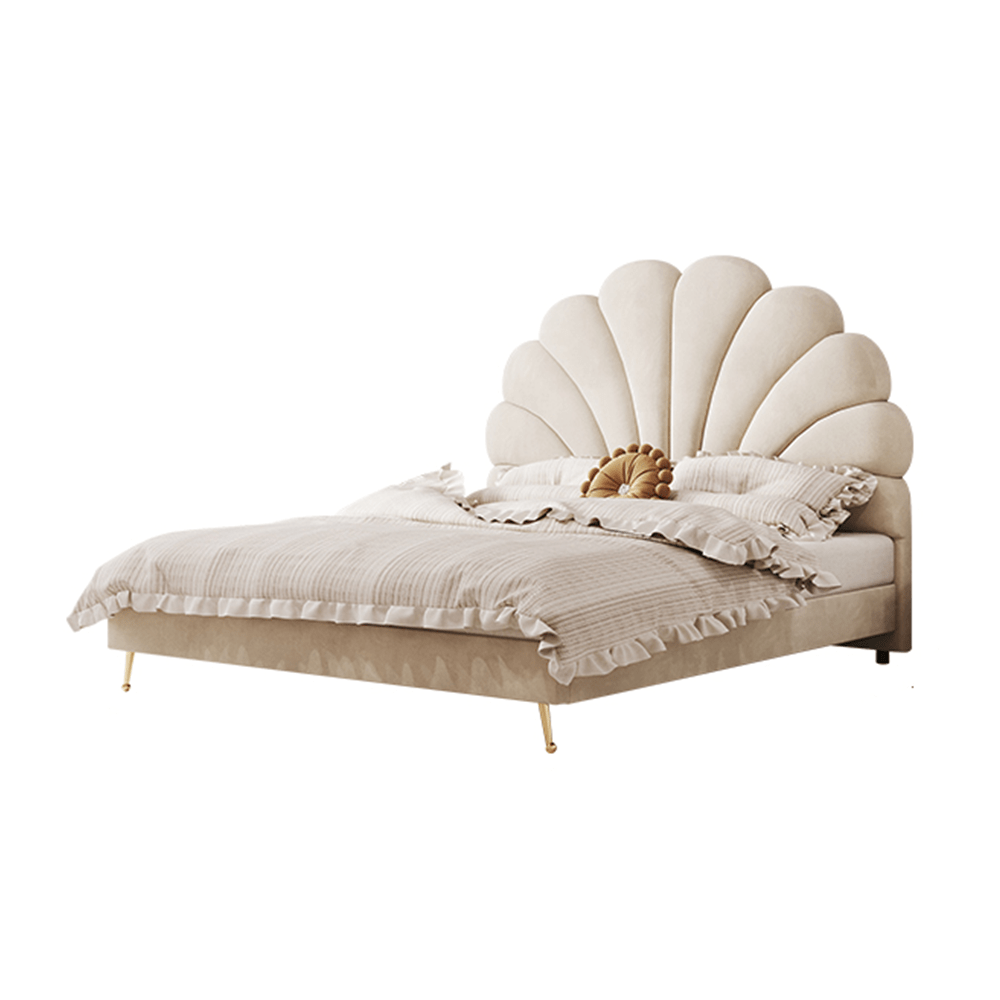 Innis Cream White Velvet Flower Shaped Headboard Bed Frame King Size