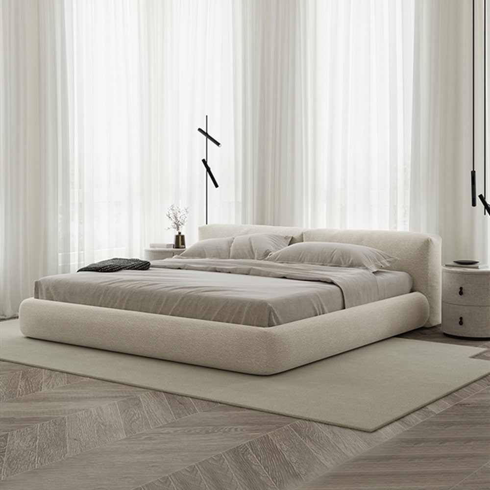 Amos Boucle Contemporary Rectangular Headboard Bed Frame with Bedside ...