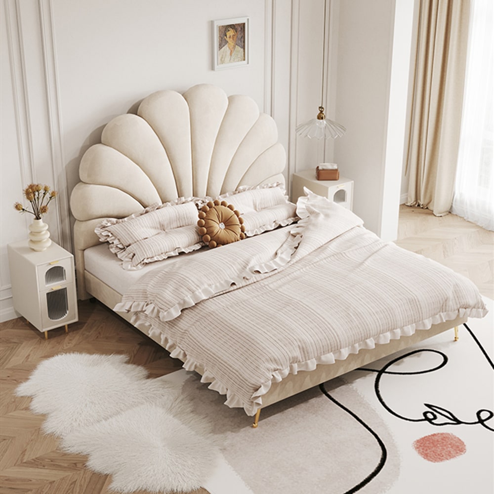 Innis Cream White Velvet Flower Shaped Headboard Bed Frame King Size ...