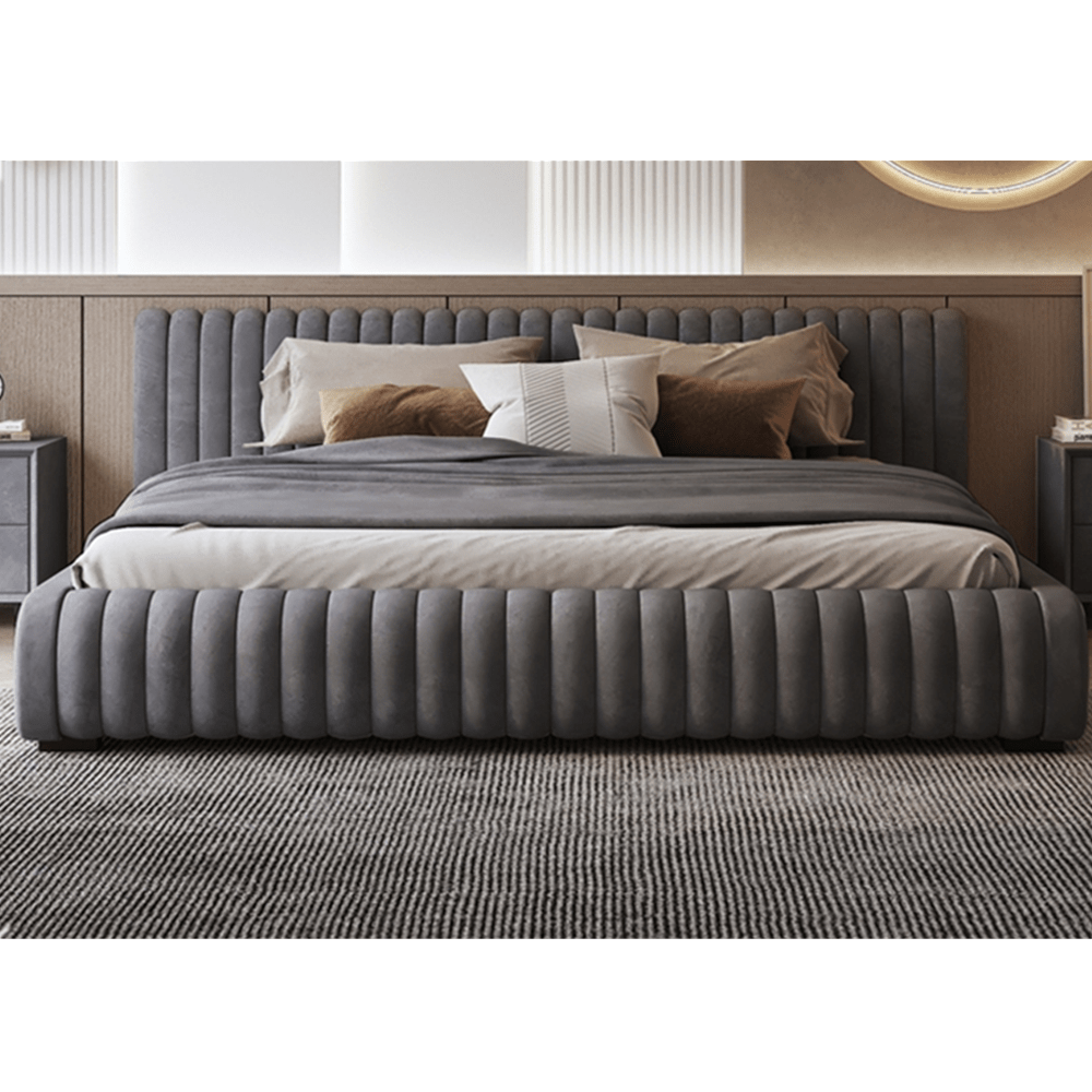 Isley Velvet Fabric Stripe Pattern Bed Frame /Bedside Table– CASASPACE