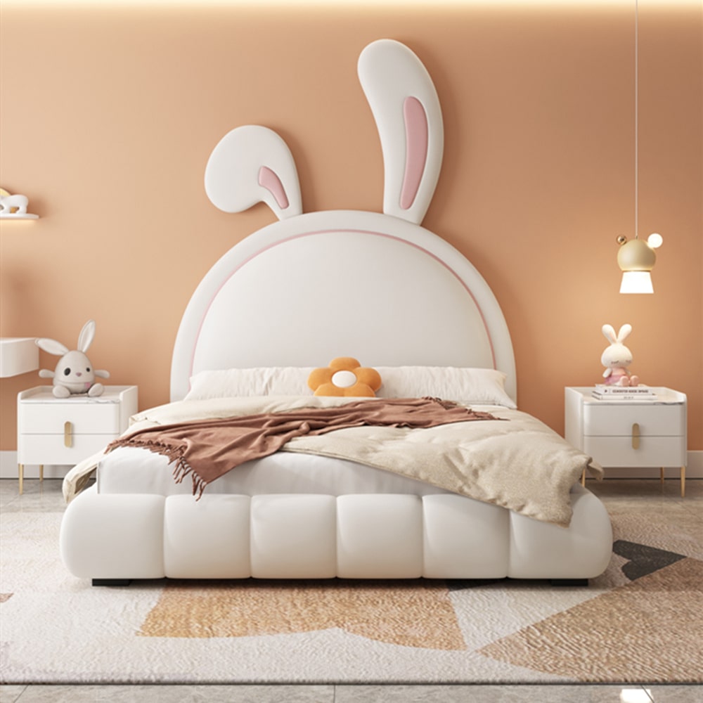 Nettie White Microfiber Leather Rabbit Shaped Bed Frame Queen Size/Bed ...